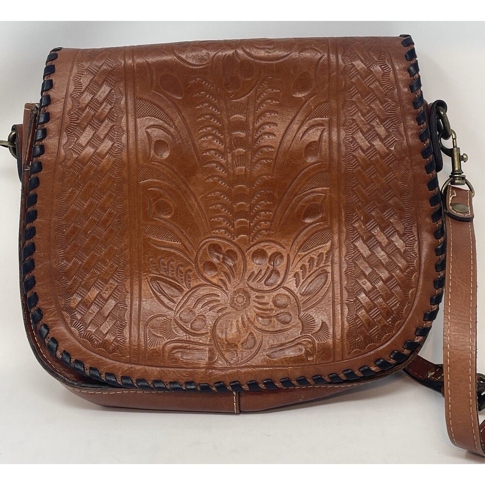 Patricia Nash Tooled Brown Italian Leather Saddle Bag Purse , Black Braid Trim